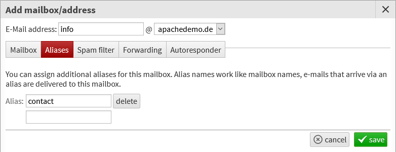 Defining alias names for an e-mail address