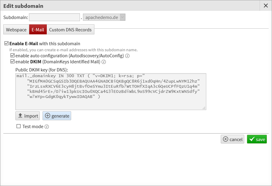 E-Mail properties in subdomain configuration