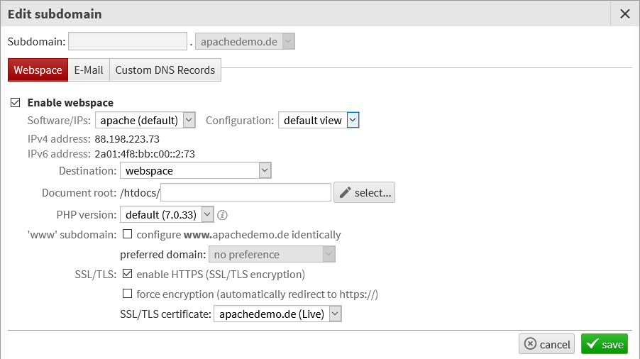 Subdomain settings